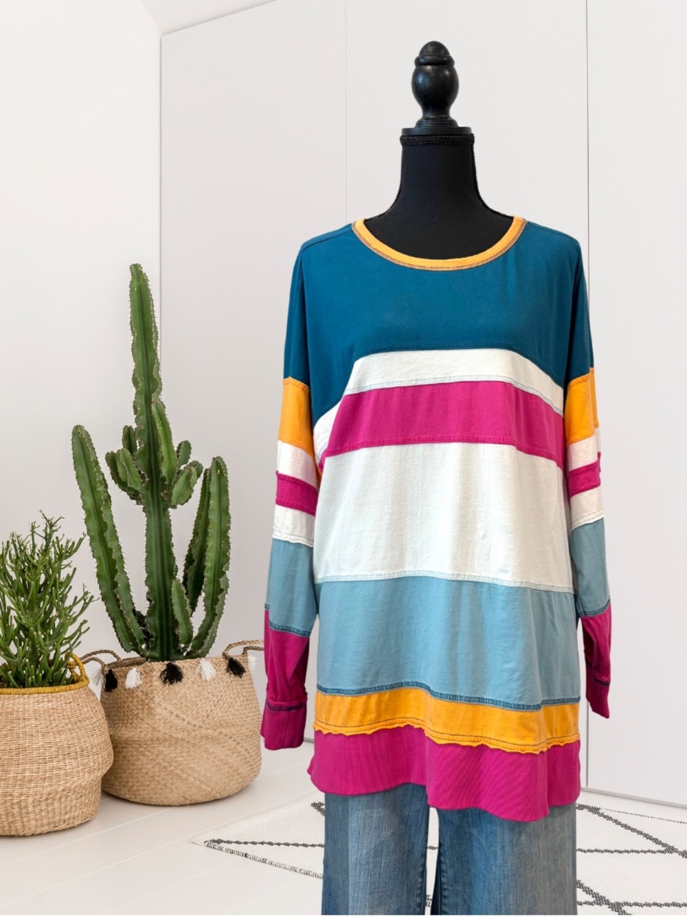 Pilcro Striped Seamed Long Sleeve Cotton Tee T-Shirt Top